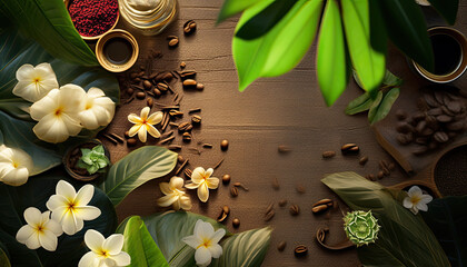 Vanilla leaves and flowers. Coffee beans. Horizontal background for design, banner. Top view. Sunlight. 