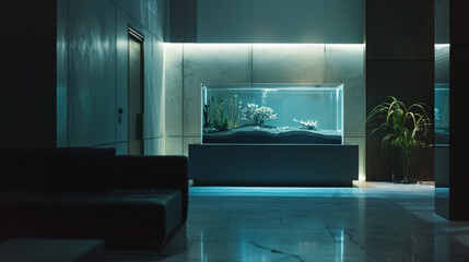 The soft glow of a sleek, modern aquarium casting shadows in an otherwise dark, elegant room with clean lines.