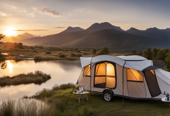 Wild camping in a caravan on a beautiful lake with a view of a breathtaking sunset, travelling magic