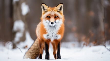 Obraz premium Fox on the winter forest meadow, with white snow. Red Fox hunting, Wildlife scene from Europe. Orange fur coat animal in the nature habitat.