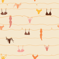 Cute seamless pattern with underwear hanging on a string. Swimsuit, bikini, panties, bra in summer day. Summer time vacation and travel aesthetic. Groovy and fun vector tropical background