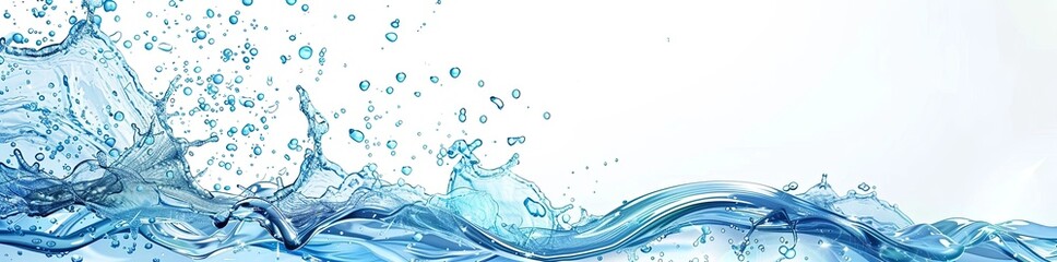 Water wave splash abstract background with blue liquid, bubbles and free space on white backdrop