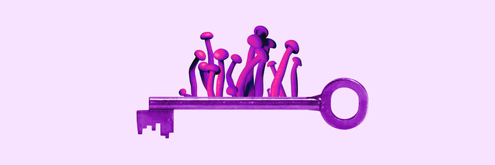 Purple key with mushrooms sprouting from top on light pink background. Contemporary art. Video games, art, gardening stores, organic products. Concept of surrealism, pop art, creativity, imagination.