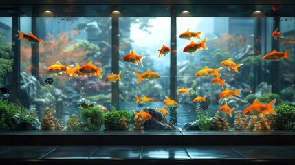 An aquarium filled with a wide variety of beautiful fish is located in the seaside amusement park