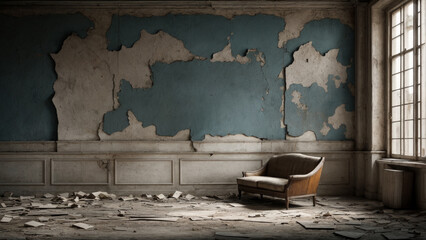 An abandoned room with peeling walls and scattered debris, an old leather chair stands in the corner of the room, and light comes through a dirty window