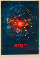 poster vintage style années 1950 qui représente un atome avec le texte "ATOM" en anglais