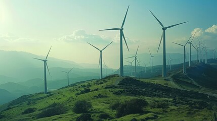 Obraz premium panoramic view of a wind farm against a backdrop of rolling hills, harnessing the power of renewable energy to generate electricity sustainably.