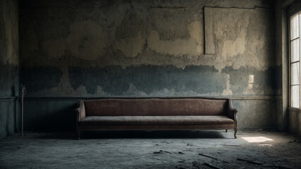 An image of an abandoned room with cracked walls and an old sofa. Light comes through the window, illuminating the dust and debris on the floor - obrazy, fototapety, plakaty