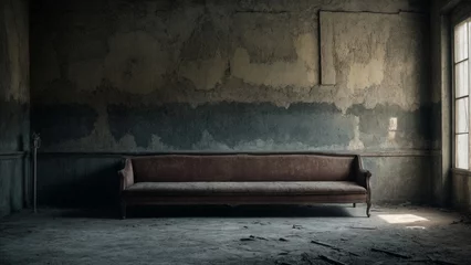 Foto op Canvas An image of an abandoned room with cracked walls and an old sofa. Light comes through the window, illuminating the dust and debris on the floor © Dmytriy