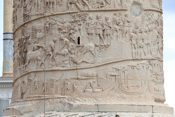 Trajan's Column Sculpted Detail Depicting Cattle, Boats and Soldiers in Rome, Italy