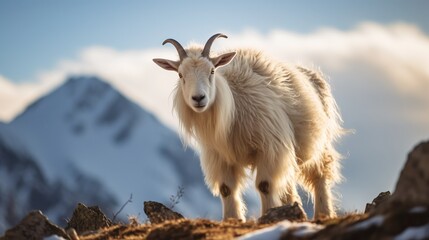 Fototapeta premium white goat in the mountains , look at the camera(wallpaper)