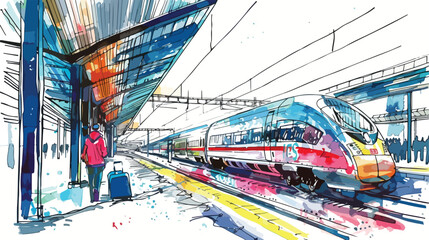 Colorful sketch with railway station. Hand drawn illustrations