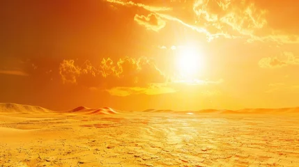 Muurstickers scorching desert landscape under a blazing sun, symbolizing the heat of global warming © buraratn