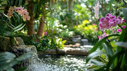 serene botanical garden showcasing a diverse collection of exotic orchids in full bloom, offering a...