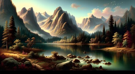 mountains in front of a lake - Powered by Adobe