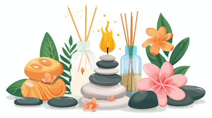 Composition of stones burning candles and aroma stick