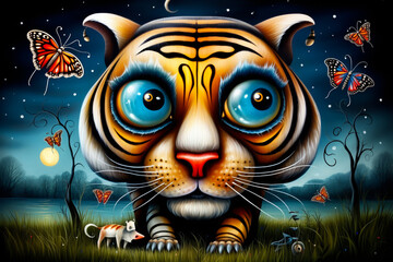 A mystical Bengal tiger surrounded by fireflies at night the scene blending realism with fantasy to showcase the tigers magical allure