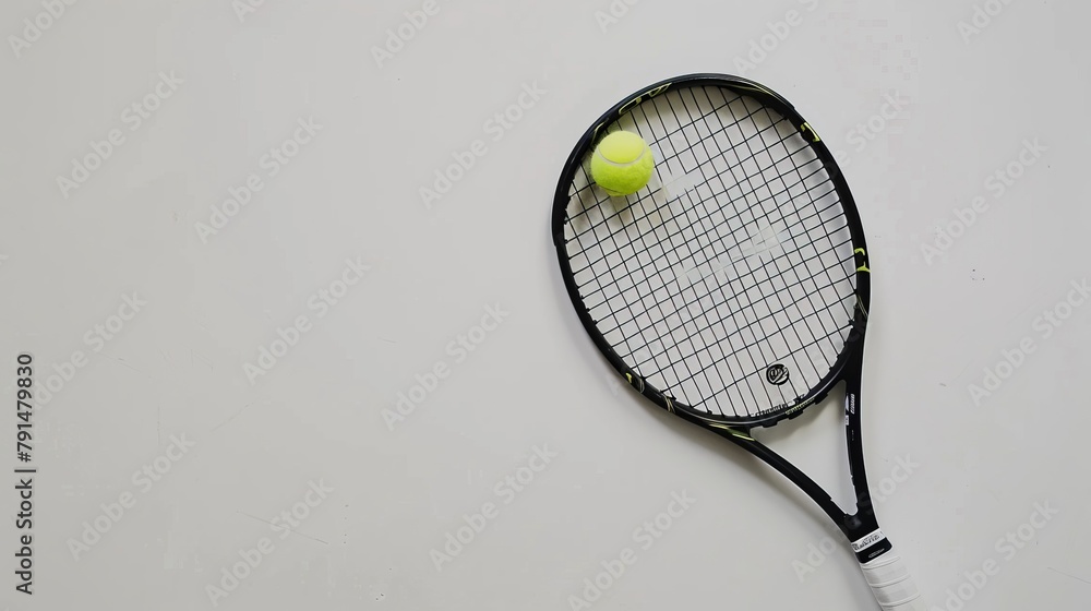 Poster design a minimalist yet impactful composition showcasing a close-up of a tennis racket and ball agai