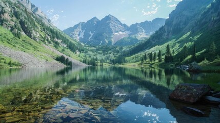 Fototapeta na wymiar serene mountain lake nestled among towering peaks, reflecting the beauty of the surrounding landscape