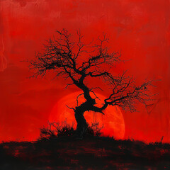 A barren tree silhouetted against a bloodred sunset evoking a sense of loss and despair in a starcrossed romance