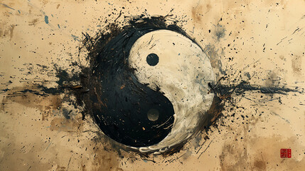 A calligraphic brushstroke painting of a yin and yang symbol capturing the essence of balance and flow with minimal lines - obrazy, fototapety, plakaty
