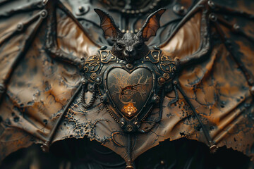 A clockwork heart inside a bats chest emanating pulses of mystic energy