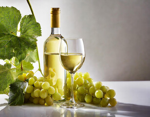 Fototapeta premium Bouteille de vin blanc et grappe de raisin