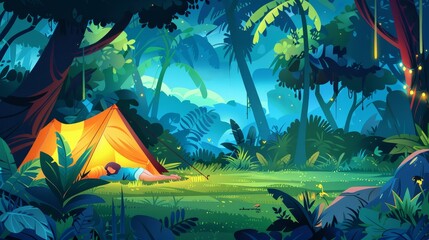 Fototapeta na wymiar Detailed illustration of a woman sleeping in a tent in a jungle forest. Illustration of a tropical adventure scene with a lonely female camper outdoors in a wild nature environment.