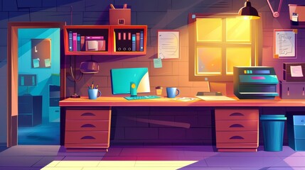 Office interior room cartoon furniture illustration. Computer, mug, coffee machine, bin next to drawers, light rays from window in cabinet. - obrazy, fototapety, plakaty