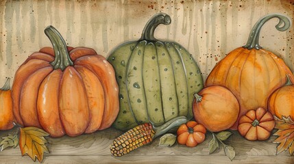 Illustrate a serene scene for a Thanksgiving greeting card, depicting a harvest table laden with delicious food, surrounded