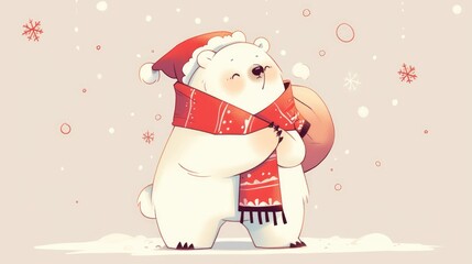 Illustration of a polar bear wearing a Santa Claus hat and scarf depicted as a cute cartoon character with a teddy bear vibe perfect for logos baby products or doodle designs