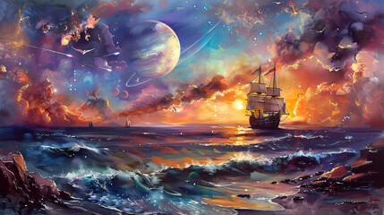 Fantasy Oil painting sunset sea landscape with ship 
