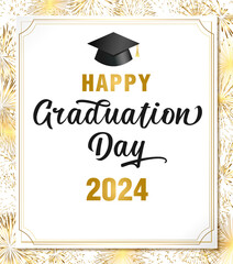Happy Graduation Day 2024 school banner concept. Holiday backdrop with gold fireworks. 3D sheet of paper. Decorative vintage golden frame. Diploma design concept. Document template. Festive frame.
