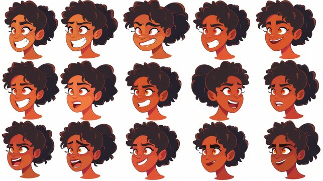 The modern set depicts a young and beautiful African American girl's face with different emotions. The avatar is neutral in appearance, laughing and angry, embarrassed and surprised, and winking.