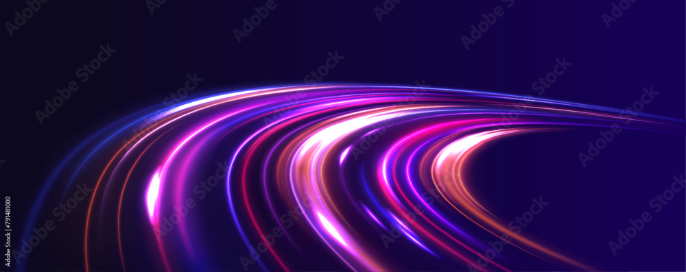 Poster rotating dynamic neon circle. colored shiny sparks of spiral wave. expressway, the effect of car hea