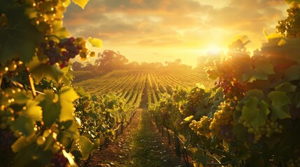 tranquil scene of a vineyard bathed in golden sunlight, with rows of lush grapevines promising a...