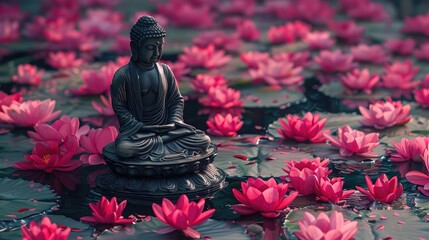 tranquil Zen garden featuring a Buddha statue amidst a sea of pink lotus petals, symbolizing purity, transcendence, and the path to awakening.