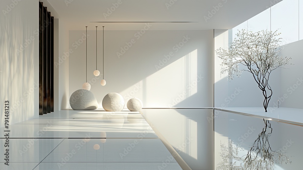 Poster a white room with a tree in the corner and a pool in the middle