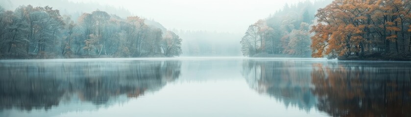 A lake with trees in the background and a foggy sky