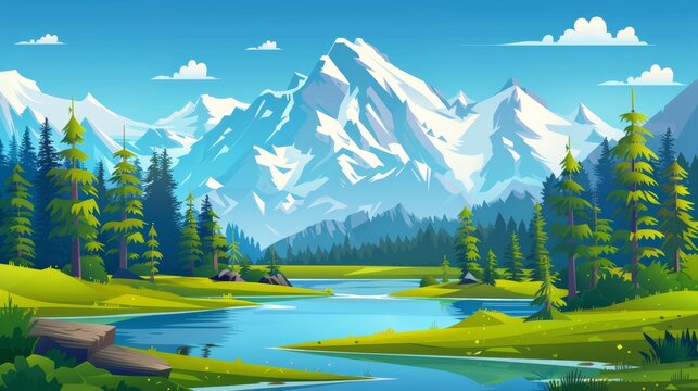 Beautiful alps valley in adventure park with sea shore to explore and overlook. Beautiful river water and pine trees in forest nature landscape modern.