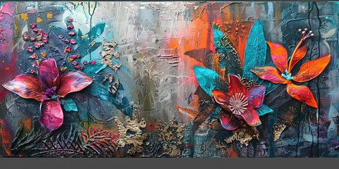 Abstract painting, metal elements, texture background, plants and flowers