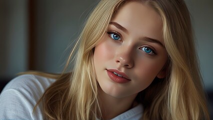 gorgeous picture of 1blonde 18 years old russian girl, beautiful big striking blue eyes, delicate black eyebrows, rosy cheeks, red lips, smiling face very white skin, long wavy black hair cascading 