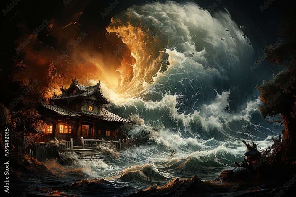 Poster a tsunami wave crashing into a house, with the water engulfing the structure and creating chaos and 
