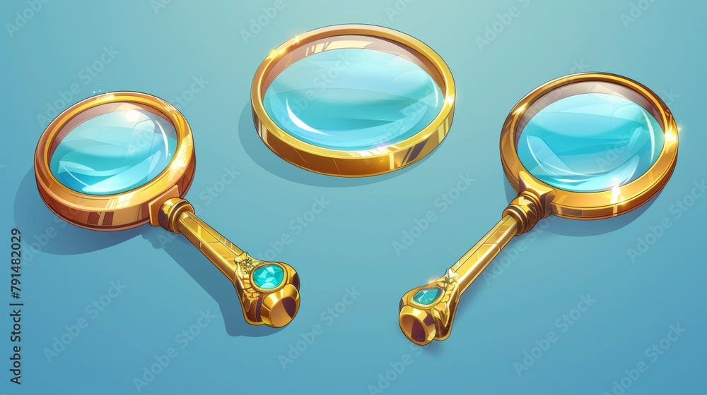 Poster realistic modern set of metal loupe with handle and transparent enlarge lens for searching or focusi