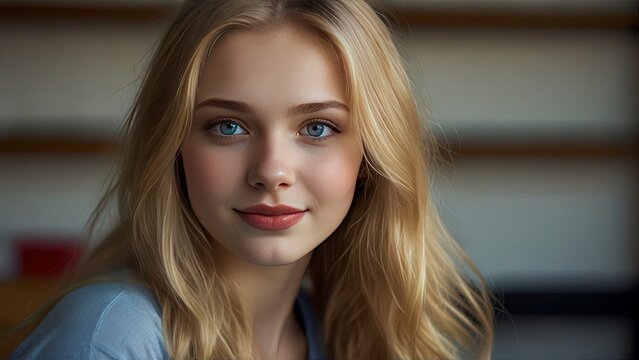 gorgeous picture of 1blonde 18 years old russian girl, beautiful big striking blue eyes, delicate black eyebrows, rosy cheeks, red lips, smiling face very white skin, long wavy black hair cascading 