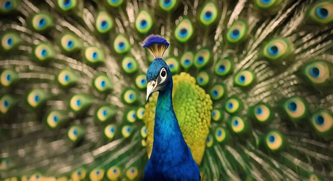 portrait of a wild male peacock in nature with beautiful peacock tail feathers
