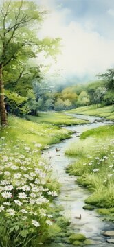 watercolor painting of spring on textured natural white paper
