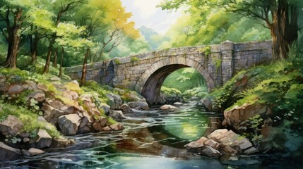 watercolor painting of a beautiful ancient old stoned bridge to the peaceful hills
