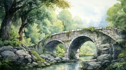 Fototapeta na wymiar watercolor painting of a beautiful ancient old stoned bridge to the peaceful hills