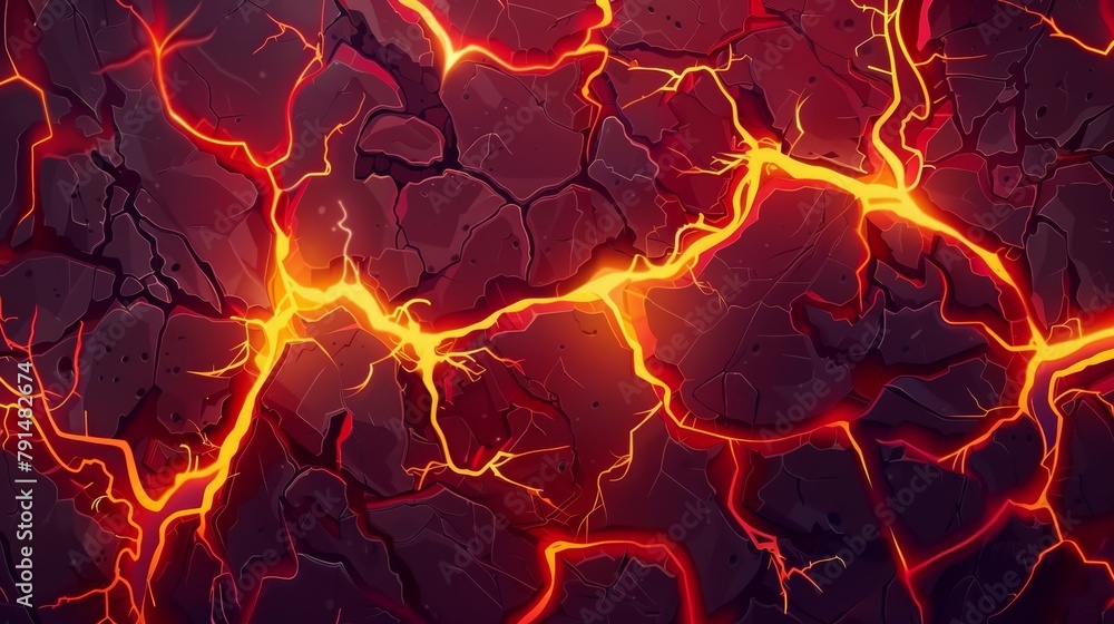 Poster fire on ground texture with lava cracks. hell light effect with red and yellow glow. hot earthquake 